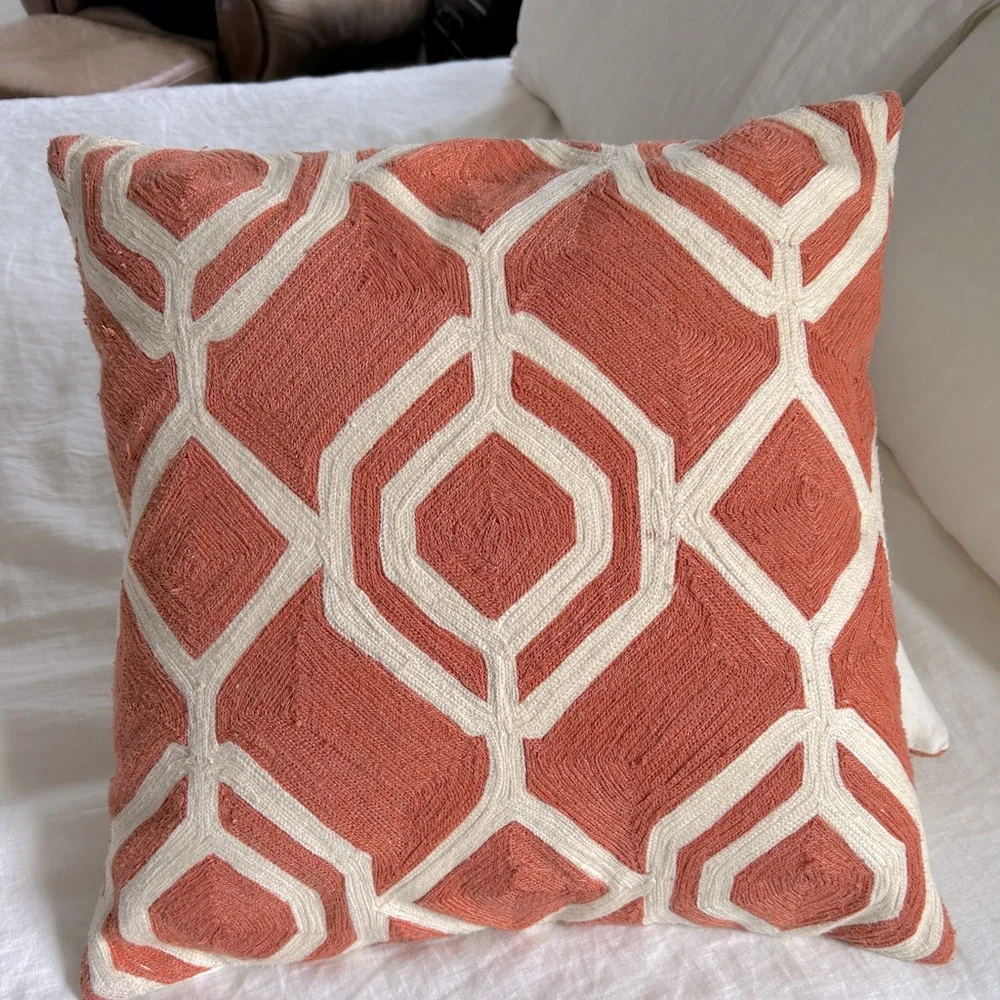 Pottery Barn Pair Pillow Covers AND INSERTS Orange Geometric 20” square.